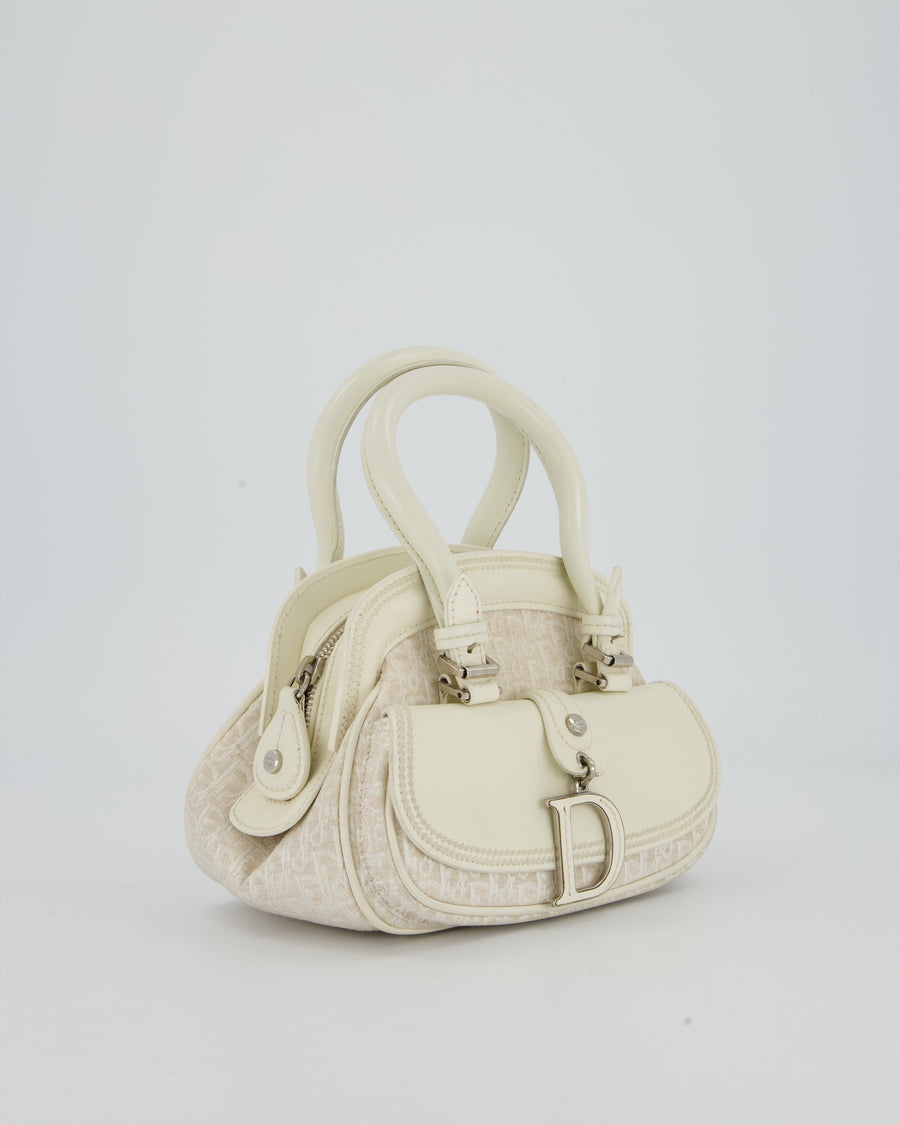 Christian Dior Vintage Mini Detective Bag in White Leather and Oblique Canvas with Silver Hardware