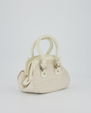 Christian Dior Vintage Mini Detective Bag in White Leather and Oblique Canvas with Silver Hardware