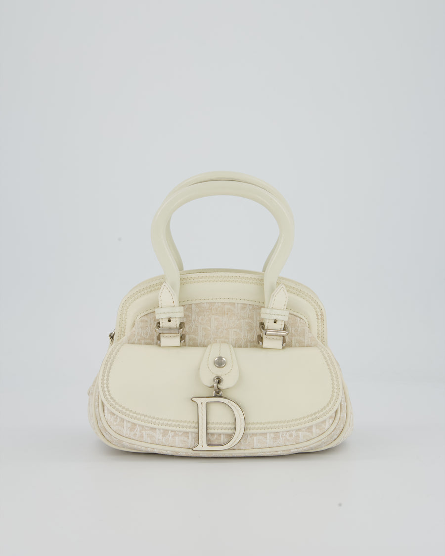 Christian Dior Vintage Mini Detective Bag in White Leather and Oblique Canvas with Silver Hardware