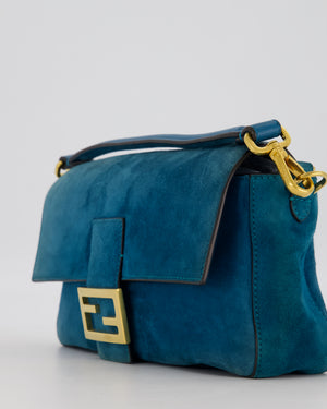 Fendi Teal Blue Medium Baguette Bag In Suede Leather With Gold Hardware