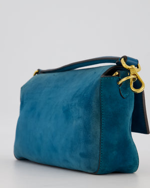 Fendi Teal Blue Medium Baguette Bag In Suede Leather With Gold Hardware