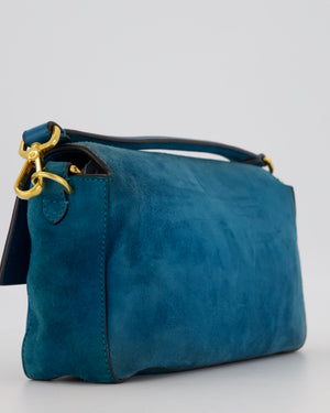 Fendi Teal Blue Medium Baguette Bag In Suede Leather With Gold Hardware