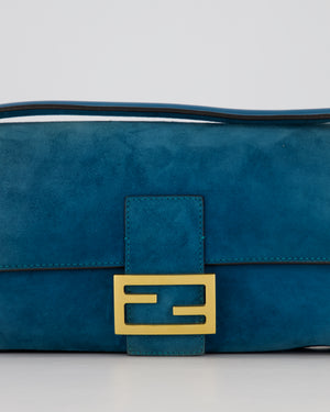 Fendi Teal Blue Medium Baguette Bag In Suede Leather With Gold Hardware