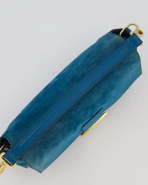 Fendi Teal Blue Medium Baguette Bag In Suede Leather With Gold Hardware