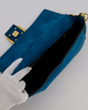 Fendi Teal Blue Medium Baguette Bag In Suede Leather With Gold Hardware