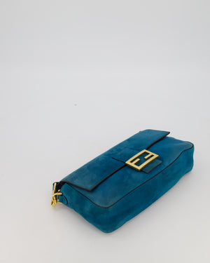 Fendi Teal Blue Medium Baguette Bag In Suede Leather With Gold Hardware