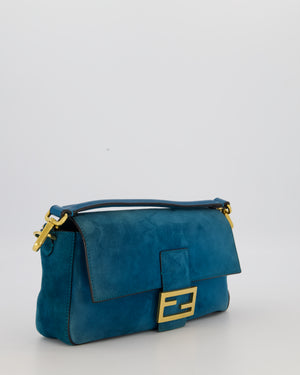 Fendi Teal Blue Medium Baguette Bag In Suede Leather With Gold Hardware