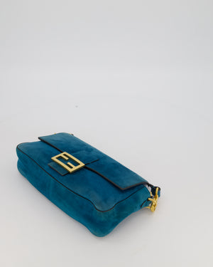 Fendi Teal Blue Medium Baguette Bag In Suede Leather With Gold Hardware