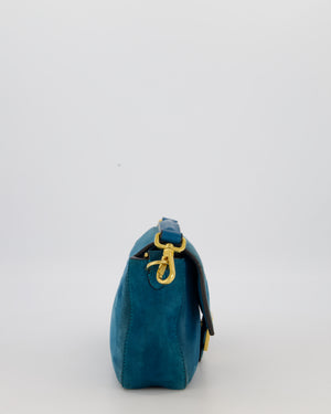 Fendi Teal Blue Medium Baguette Bag In Suede Leather With Gold Hardware