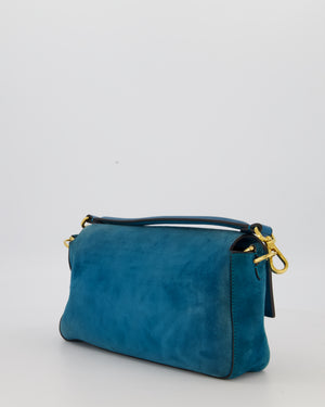 Fendi Teal Blue Medium Baguette Bag In Suede Leather With Gold Hardware