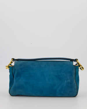 Fendi Teal Blue Medium Baguette Bag In Suede Leather With Gold Hardware
