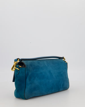 Fendi Teal Blue Medium Baguette Bag In Suede Leather With Gold Hardware