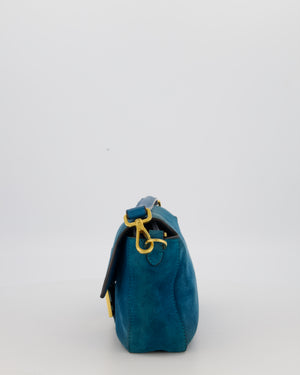 Fendi Teal Blue Medium Baguette Bag In Suede Leather With Gold Hardware