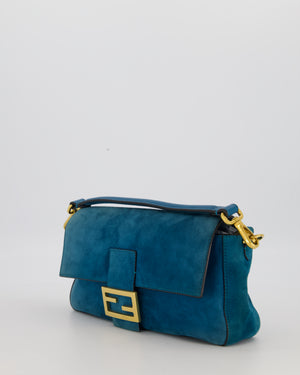 Fendi Teal Blue Medium Baguette Bag In Suede Leather With Gold Hardware
