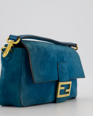 Fendi Teal Blue Medium Baguette Bag In Suede Leather With Gold Hardware