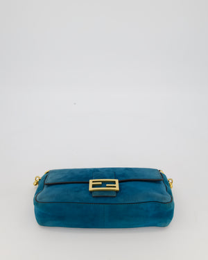Fendi Teal Blue Medium Baguette Bag In Suede Leather With Gold Hardware