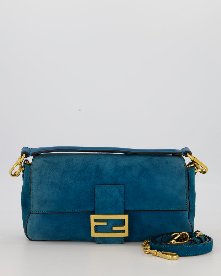 Fendi Teal Blue Medium Baguette Bag In Suede Leather With Gold Hardware