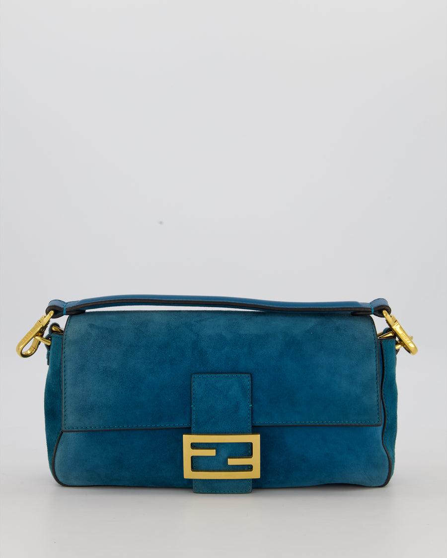 Fendi Teal Blue Medium Baguette Bag In Suede Leather With Gold Hardware