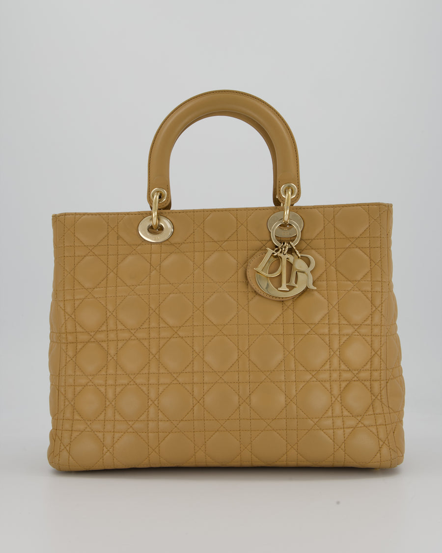 Christian Dior Beige Large Lady Dior Bag In Lambskin Leather With Silver Hardware