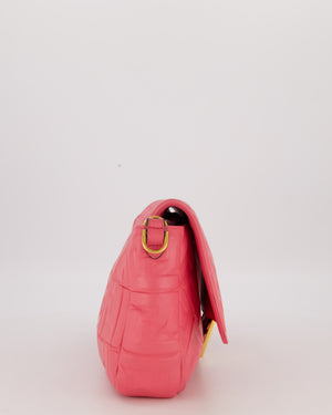 Fendi Pink Baguette Large Shoulder Bag in Embossed Leather with Gold Hardware