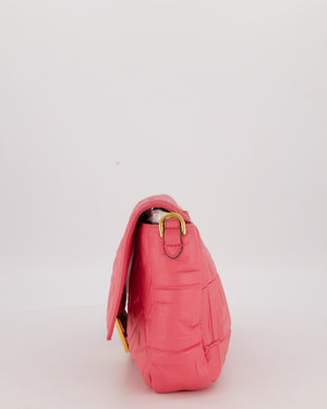 Fendi Pink Baguette Large Shoulder Bag in Embossed Leather with Gold Hardware