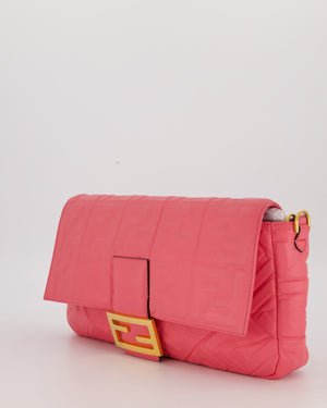Fendi Pink Baguette Large Shoulder Bag in Embossed Leather with Gold Hardware