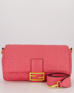 Fendi Pink Baguette Large Shoulder Bag in Embossed Leather with Gold Hardware
