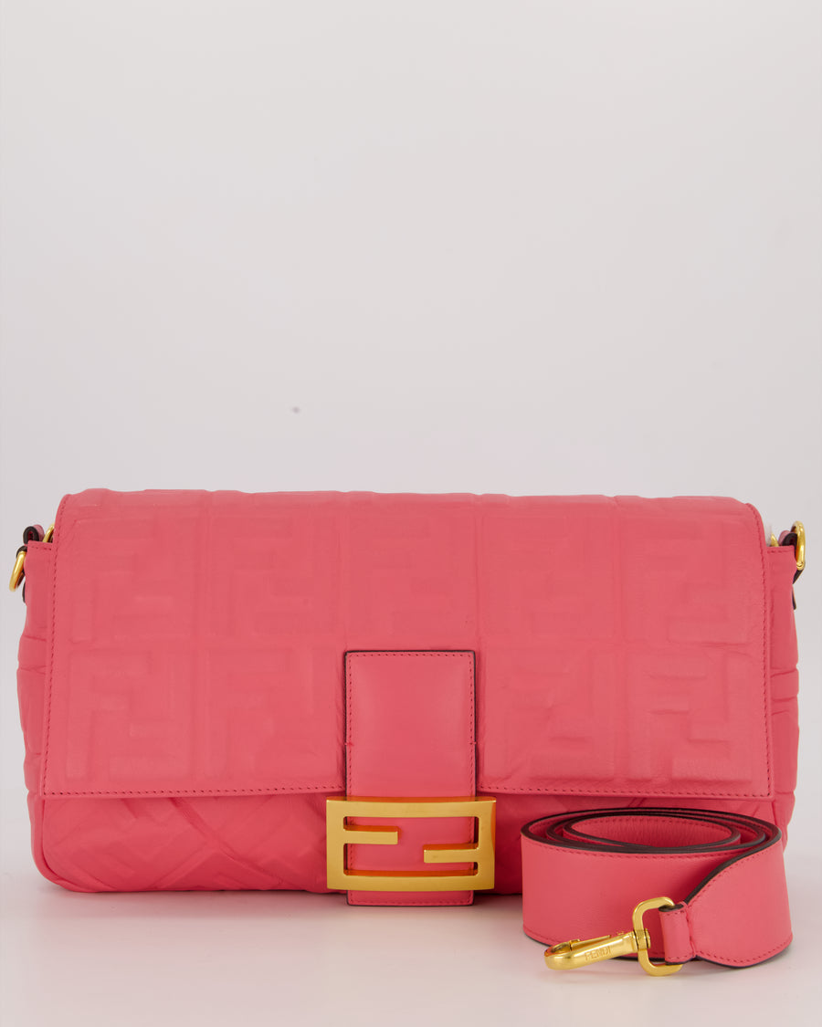 Fendi Pink Baguette Large Shoulder Bag in Embossed Leather with Gold Hardware