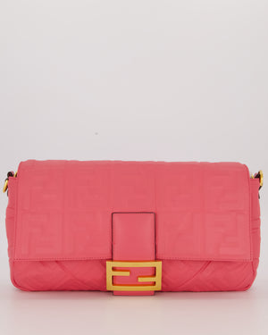 Fendi Pink Baguette Large Shoulder Bag in Embossed Leather with Gold Hardware