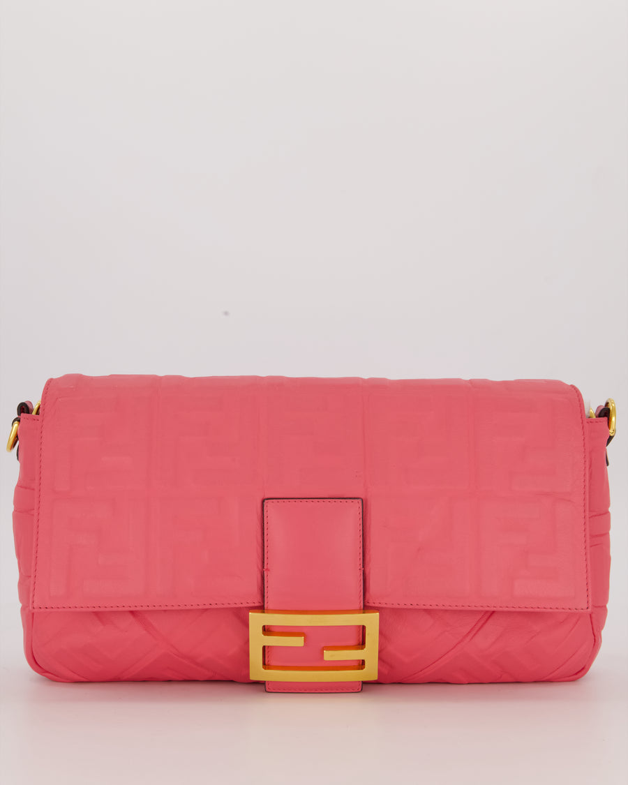 Fendi Pink Baguette Large Shoulder Bag in Embossed Leather with Gold Hardware