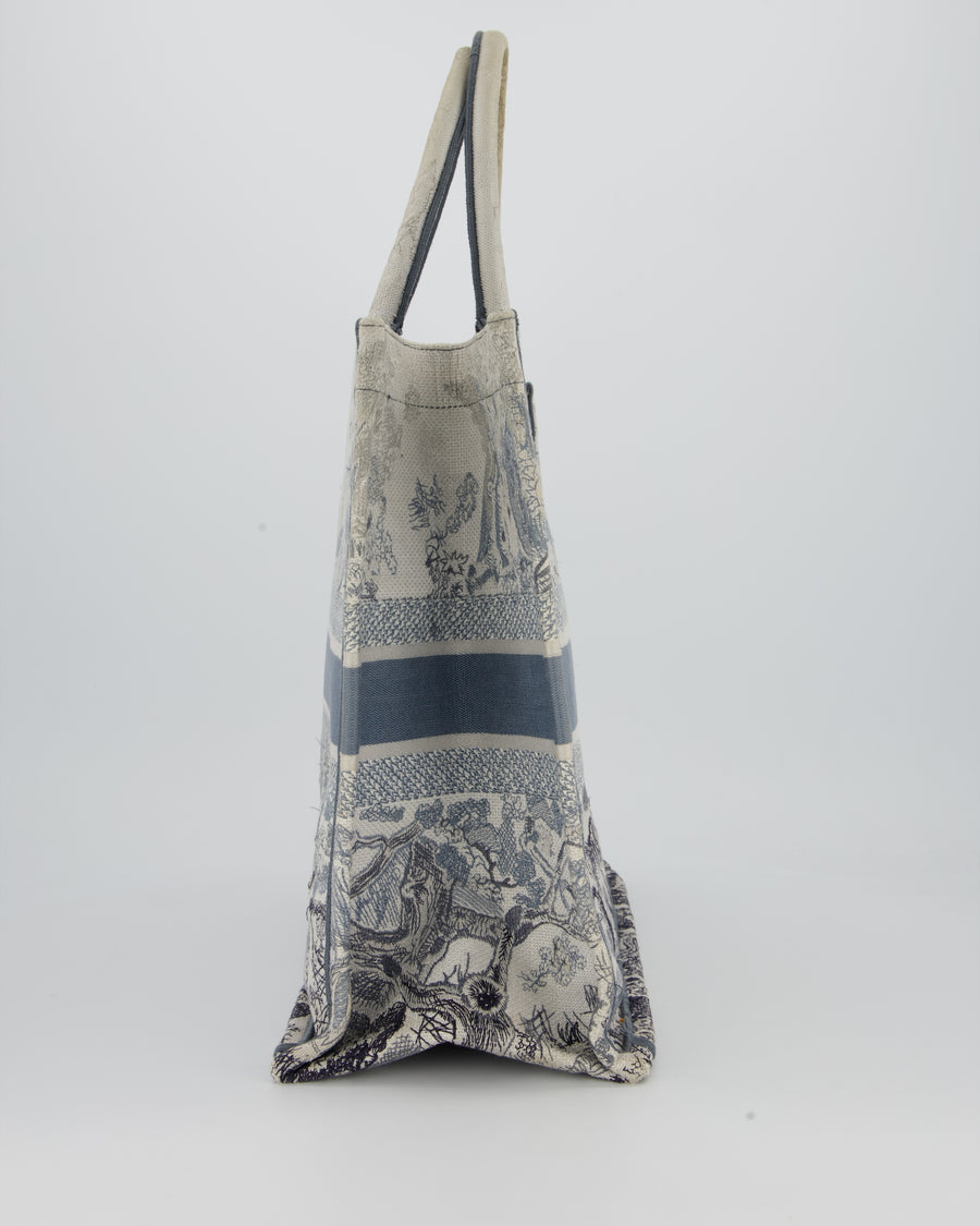 Christian Dior Blue and Grey Toile de Jouy Animals Large Book Tote with Animal Embroideries and Logo