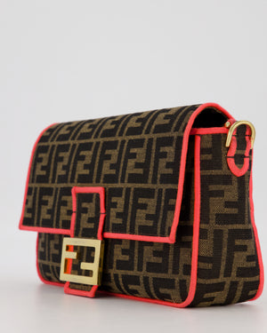 Fendi Brown Zucca Monogram Medium Baguette Bag In Canvas With Pink Trimming and Gold Hardware