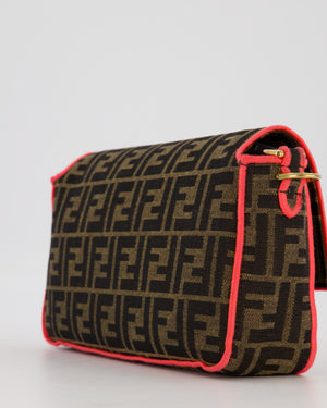 Fendi Brown Zucca Monogram Medium Baguette Bag In Canvas With Pink Trimming and Gold Hardware