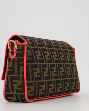 Fendi Brown Zucca Monogram Medium Baguette Bag In Canvas With Pink Trimming and Gold Hardware