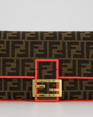 Fendi Brown Zucca Monogram Medium Baguette Bag In Canvas With Pink Trimming and Gold Hardware