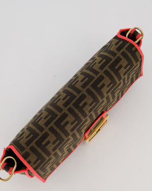 Fendi Brown Zucca Monogram Medium Baguette Bag In Canvas With Pink Trimming and Gold Hardware