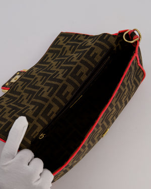 Fendi Brown Zucca Monogram Medium Baguette Bag In Canvas With Pink Trimming and Gold Hardware