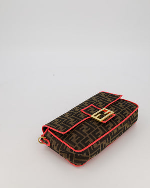 Fendi Brown Zucca Monogram Medium Baguette Bag In Canvas With Pink Trimming and Gold Hardware