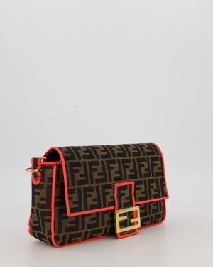 Fendi Brown Zucca Monogram Medium Baguette Bag In Canvas With Pink Trimming and Gold Hardware