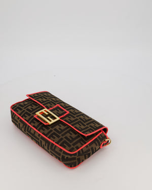 Fendi Brown Zucca Monogram Medium Baguette Bag In Canvas With Pink Trimming and Gold Hardware