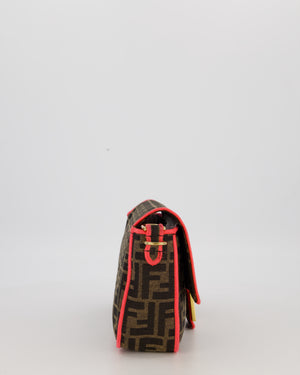 Fendi Brown Zucca Monogram Medium Baguette Bag In Canvas With Pink Trimming and Gold Hardware