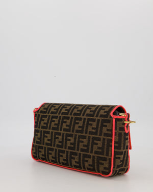 Fendi Brown Zucca Monogram Medium Baguette Bag In Canvas With Pink Trimming and Gold Hardware
