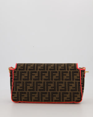 Fendi Brown Zucca Monogram Medium Baguette Bag In Canvas With Pink Trimming and Gold Hardware