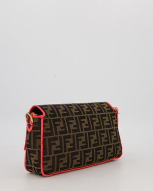 Fendi Brown Zucca Monogram Medium Baguette Bag In Canvas With Pink Trimming and Gold Hardware
