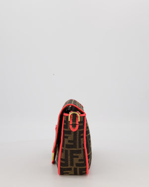 Fendi Brown Zucca Monogram Medium Baguette Bag In Canvas With Pink Trimming and Gold Hardware