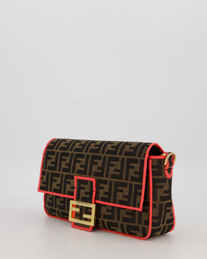 Fendi Brown Zucca Monogram Medium Baguette Bag In Canvas With Pink Trimming and Gold Hardware