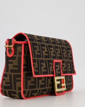 Fendi Brown Zucca Monogram Medium Baguette Bag In Canvas With Pink Trimming and Gold Hardware