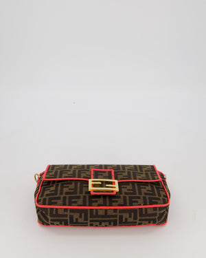 Fendi Brown Zucca Monogram Medium Baguette Bag In Canvas With Pink Trimming and Gold Hardware