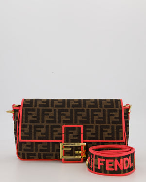 Fendi Brown Zucca Monogram Medium Baguette Bag In Canvas With Pink Trimming and Gold Hardware