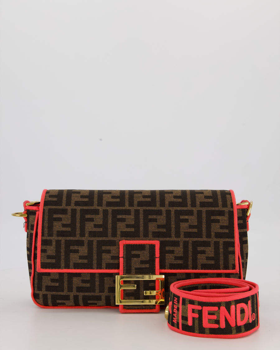 Fendi Brown Zucca Monogram Medium Baguette Bag In Canvas With Pink Trimming and Gold Hardware